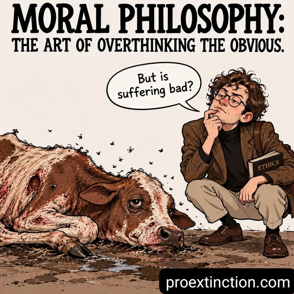 کاریکاتوری با عنوان "Moral philosophy: the art of overthinking the obvious." فیلسوفی با کتابی درباره اخلاق کنار گاوی بیمار و زخمی که روی زمین افتاده چمباتمه زده و میپرسد: "But is suffering bad?"